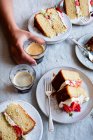 Strawberry cream cake on served table — Stock Photo