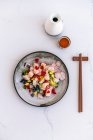 Close-up shot of delicious Asian ceviche with mirin — Stock Photo