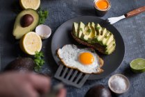 A fried egg and a wholemeal bread with avocado for breakfast — Stock Photo
