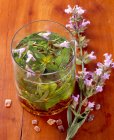 Chá de ervas em vidro com flores de tília na mesa — Fotografia de Stock