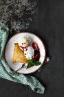 French cake with caramelized pear, chili whipped cream and vanilla ice cream — Stock Photo