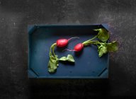 Two radishes in a wooden crate — Stock Photo