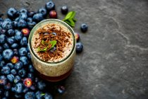 Close-up shot of delicious Blueberry chocolate milkshake in jar — Stock Photo