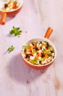 Mozzarella-Salat mit Tomaten, Frühlingszwiebeln, Paprika, Oliven und Basilikum — Stockfoto
