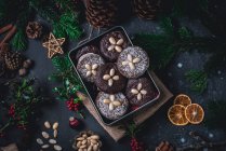 Iced and chocolate Elisenlebkuchen (Nuremberg gingerbread cake) in a tin — Stock Photo