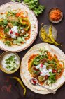 Vegetarische Kofte, Tortilla, Harissa, Joghurt mit Gurken und Koriander, grüne Paprika — Stockfoto