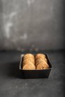 Spelt cookies with almonds served in box — Stock Photo