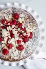 Himbeer-Joghurt-Kuchen mit Mandelflocken — Stockfoto