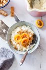 Rice pudding with caramelized apricots and biscuit crumbs — Stock Photo