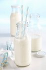 Kalte, frische Milch in Flaschen mit Strohhalmen — Stockfoto
