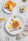 Salmon tartare served with toasted bread and avocado - foto de stock