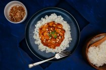 Mango-Curry mit Tofu garniert mit zerkleinerten gerösteten Cashews und Koriander auf Jasminreis — Stockfoto