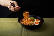 Ramen with pork belly, mushrooms and marinated eggs — Stock Photo