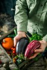 Landwirt hält geerntetes Gemüse — Stockfoto