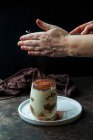 Tiramisú espolvoreado con cacao - foto de stock