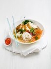 Chicken noodle soup with white thin noodles, Pak Choi, carrot, green chilli and coriander — Stock Photo