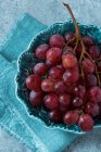 Rote Trauben an Weinreben in Schale mit blauem Tuch — Stockfoto