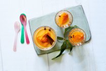 Charred honey panna cotta with apricots in glasses and green leaves on stone board — Stock Photo