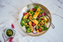 Cos Salat mit Halloumi, Kirschtomaten und roten Zwiebeln — Stockfoto