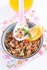 Roasted muesli with amaranth, sesame seeds, sunflower seeds and honey served with fruit and yoghurt — Stock Photo