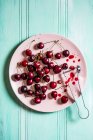 Fresh cherries with metal seeds remover on pink plate — Stock Photo