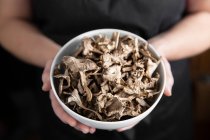 Обрезанный снимок человека, держащего миску сушеных грибов — стоковое фото