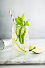 Spicy and refreshing cocktail with lime and cucumber — Stock Photo