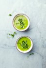 Ervilha verde e sopa de espinafre coberto com brotos de ervilha e manjericão — Fotografia de Stock