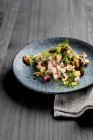 Salade de hareng au boeuf, betteraves, noix, cornichons, aneth, ciboulette et pomme — Photo de stock