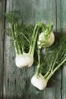 Three fennel bulbs on a wooden surface — Stock Photo