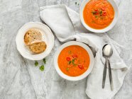 Веганський томатний суп з чілі, петрушкою і тостом. — стокове фото