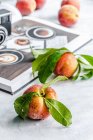 Fresh peaches with leaves, book and camera in the background — Stock Photo
