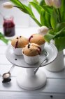 Веганские кексы со сладким вишневым джемом и шоколадной крошкой — стоковое фото