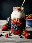 Bio-frische Himbeeren, Blaubeeren, Erdbeeren, Müsli und Joghurt im Glas — Stockfoto