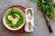 A smoothie bowl with boiled egg, avocado and mange tout in a nest of herbs — Stock Photo