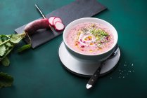 Vegan red radish cream soup with popped amaranth, chia seeds, cress and garlic oil — Stock Photo