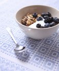 Мюсли с йогуртом, черникой и ежевикой в маленькой миске — стоковое фото