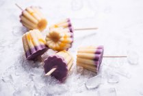 Frozen soya yoghurt on sticks with blueberries, vanilla and mango — Stock Photo