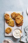 Homemade fried chicken cutlets with cheese and croutons. top view. — Stock Photo