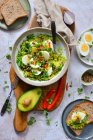 Ensalada con aguacate, huevos, cilantro y chile - foto de stock