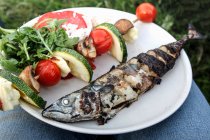 Makrele und Gemüsespieße auf weißem Teller — Stockfoto