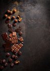 Auswahl an Vollmilch und Bruchmilch und dunkler Schokolade auf dunklem Hintergrund — Stockfoto