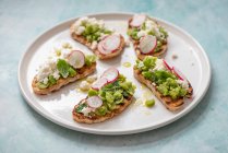 Broad bean bruschetta with feat cheese, mint, radish and olive oil — Stock Photo