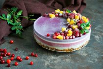 Vegan raw cake with lemon, cranberry, raspberry and blueberry, banan, cashew cream, coconut butter and coconut milk - foto de stock
