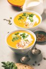 Homemade pumpkin soup and ingredients — Stock Photo