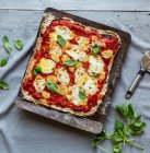 Домашняя вегетарианская пицца с сыром моцарелла из теста, помидорами и базиликом — стоковое фото