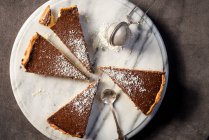 Chocolate tart with grated coconut, sliced — Stock Photo