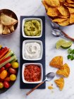 Guacamole, herb curd and salsa with nachos and vegetable sticks — Stock Photo