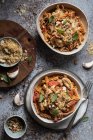 Tomato and mushroom pasta with sage and bread crumbs — Stock Photo