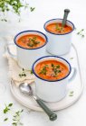 Vegan tomato soup, closeup of white bowls — Stock Photo